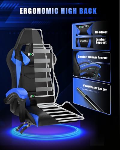 Chaise Gaming Ergonomique Bigzzia avec LED, Dossier Réglable, Bleu