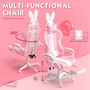 Chaise Gaming Ergonomique Ferghana avec Massage, Repose-Pied et Appui-tête Rose