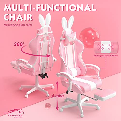 Chaise Gaming Ergonomique Ferghana avec Massage, Repose-Pied et Appui-tête Rose