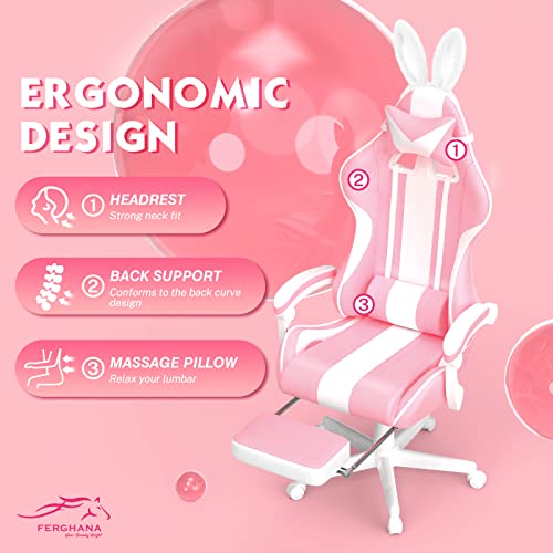 Chaise Gaming Ergonomique Ferghana avec Massage, Repose-Pied et Appui-tête Rose
