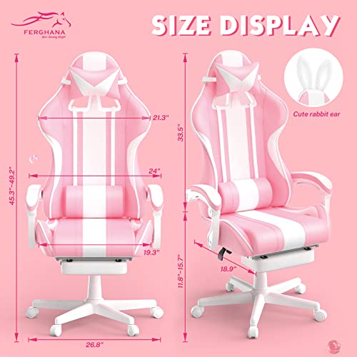 Chaise Gaming Ergonomique Ferghana avec Massage, Repose-Pied et Appui-tête Rose