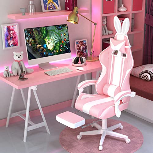 Chaise Gaming Ergonomique Ferghana avec Massage, Repose-Pied et Appui-tête Rose