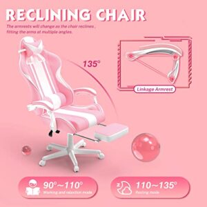Chaise Gaming Ergonomique Ferghana avec Massage, Repose-Pied et Appui-tête Rose