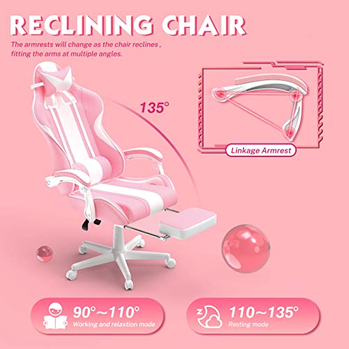 Chaise Gaming Ergonomique Ferghana avec Massage, Repose-Pied et Appui-tête Rose