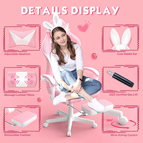 Chaise Gaming Ergonomique Ferghana avec Massage, Repose-Pied et Appui-tête Rose