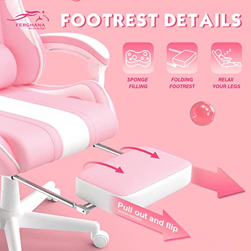Chaise Gaming Ergonomique Ferghana avec Massage, Repose-Pied et Appui-tête Rose