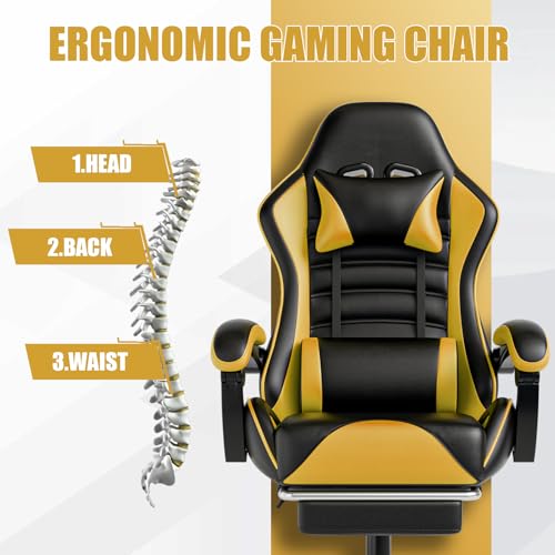 Chaise Gaming Ergonomique Fruyyzl Jaune avec Dossier Réglable et Soutien Lombaire