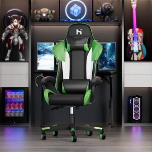 Chaise Gaming Ergonomique HLFURNIEU avec Coussin Lombaire et Appui-tête Noir et Vert