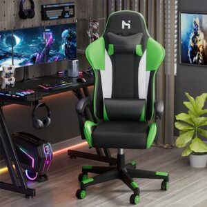 Chaise Gaming Ergonomique HLFURNIEU avec Coussin Lombaire et Appui-tête Noir et Vert