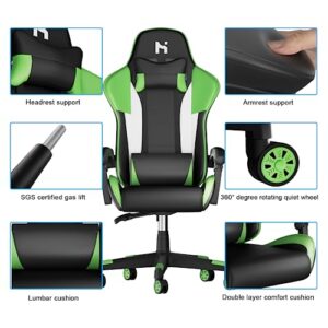 Chaise Gaming Ergonomique HLFURNIEU avec Coussin Lombaire et Appui-tête Noir et Vert