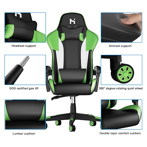 Chaise Gaming Ergonomique HLFURNIEU avec Coussin Lombaire et Appui-tête Noir et Vert