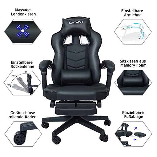 Chaise Gaming Ergonomique YU YUSING avec Repose-tête et Repose-Pieds Noir