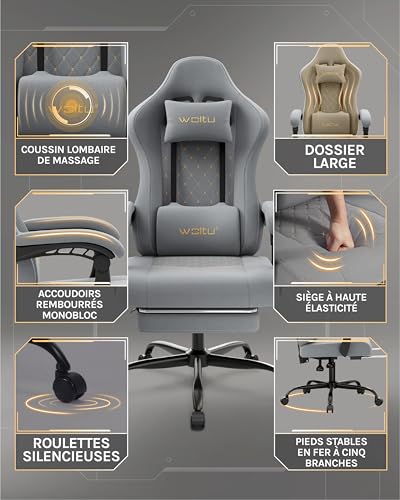 Chaise Gaming Massante WOLTU GS08gr – Ergonomique avec Soutien Lombaire et Repose-Pieds