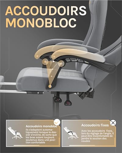 Chaise Gaming Massante WOLTU GS08gr – Ergonomique avec Soutien Lombaire et Repose-Pieds