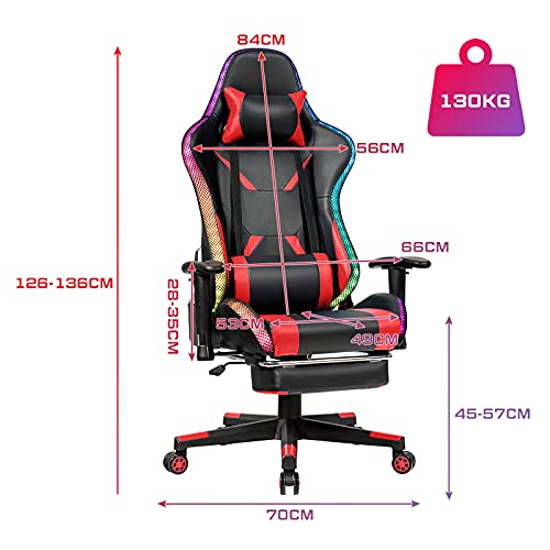 Chaise Gaming RELAX4LIFE LED Télécommandée, Dossier Inclinable et Accoudoirs Réglables
