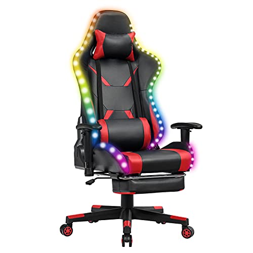 Chaise Gaming RELAX4LIFE LED Télécommandée, Dossier Inclinable et Accoudoirs Réglables