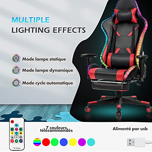 Chaise Gaming RELAX4LIFE LED Télécommandée, Dossier Inclinable et Accoudoirs Réglables