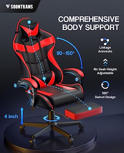 Chaise Gaming Racing Massante Soontrans avec Soutien Lombaire et Appui-tête (Rouge)