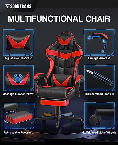 Chaise Gaming Racing Massante Soontrans avec Soutien Lombaire et Appui-tête (Rouge)