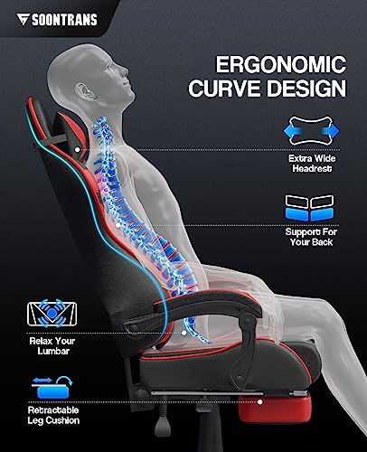 Chaise Gaming Racing Massante Soontrans avec Soutien Lombaire et Appui-tête (Rouge)