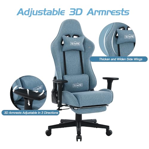 Chaise Gaming S*MAX Ergonomique avec Repose-Pieds et Accoudoirs 3D Bleu