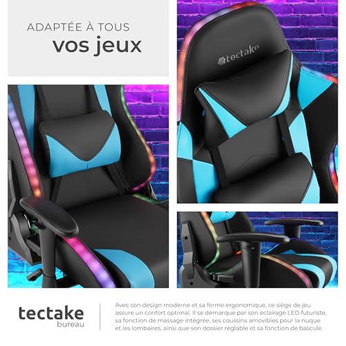 Chaise Gaming TecTake® Ergonomique avec Massage et LED – Fauteuil Bureau
