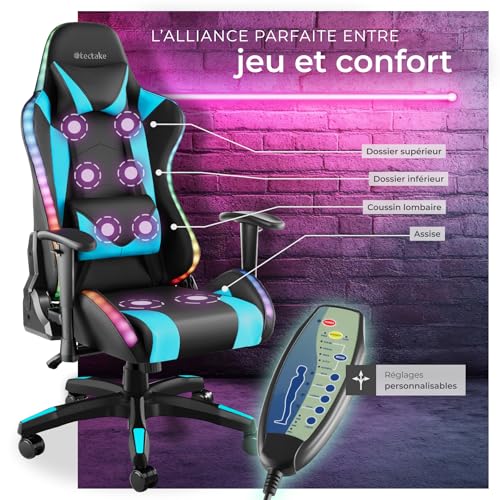 Chaise Gaming TecTake® Ergonomique avec Massage et LED – Fauteuil Bureau