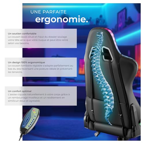 Chaise Gaming TecTake® Ergonomique avec Massage et LED – Fauteuil Bureau