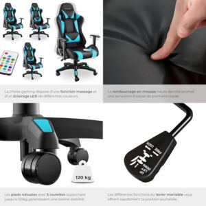 Chaise Gaming TecTake® Ergonomique avec Massage et LED – Fauteuil Bureau