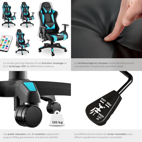Chaise Gaming TecTake® Ergonomique avec Massage et LED – Fauteuil Bureau