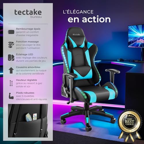 Chaise Gaming TecTake® Ergonomique avec Massage et LED – Fauteuil Bureau