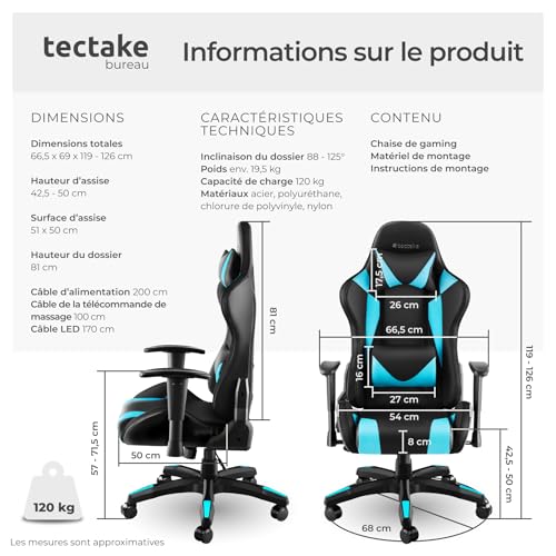 Chaise Gaming TecTake® Ergonomique avec Massage et LED – Fauteuil Bureau