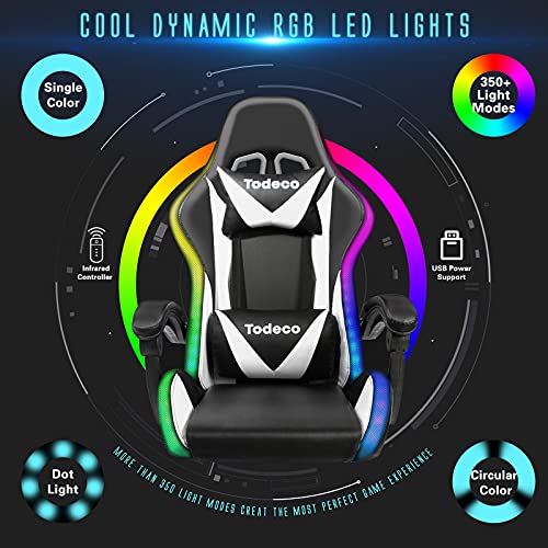 Chaise Gaming Todeco avec Massage et Lumières LED, Ergonomique, Blanc