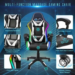 Chaise Gaming Todeco avec Massage et Lumières LED, Ergonomique, Blanc