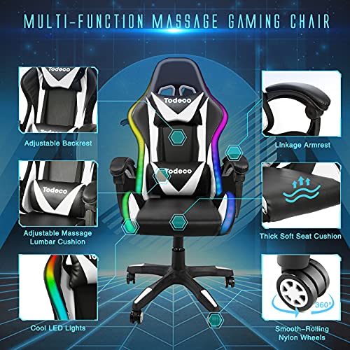 Chaise Gaming Todeco avec Massage et Lumières LED, Ergonomique, Blanc