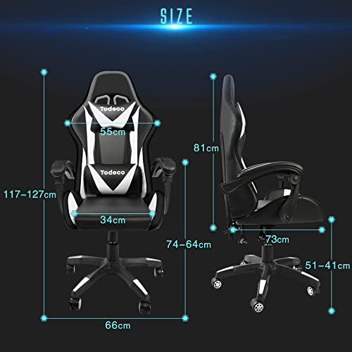 Chaise Gaming Todeco avec Massage et Lumières LED, Ergonomique, Blanc