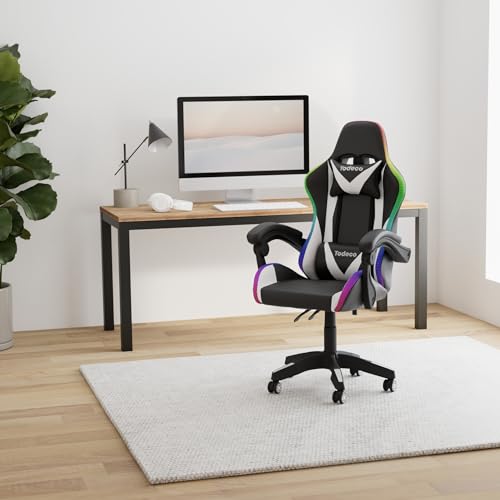 Chaise Gaming Todeco avec Massage et Lumières LED, Ergonomique, Blanc