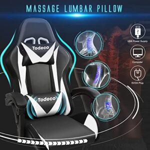 Chaise Gaming Todeco avec Massage et Lumières LED, Ergonomique, Blanc