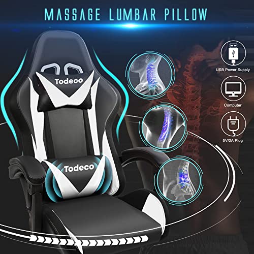 Chaise Gaming Todeco avec Massage et Lumières LED, Ergonomique, Blanc
