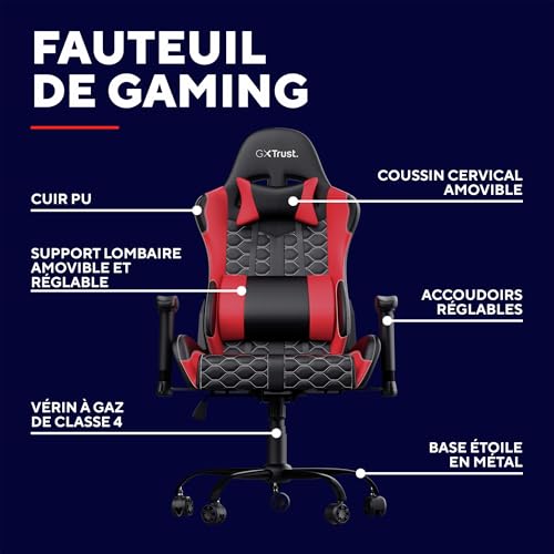 Chaise Gaming Trust Gaming GXT 708R – Dossier Réglable, Pivotement 360° – Rouge