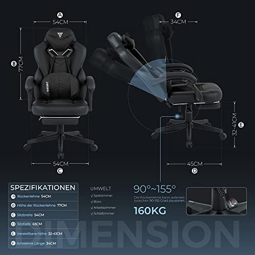 Chaise Gaming Vigosit Ergonomique Noir avec Accoudoirs et Repose-Pieds