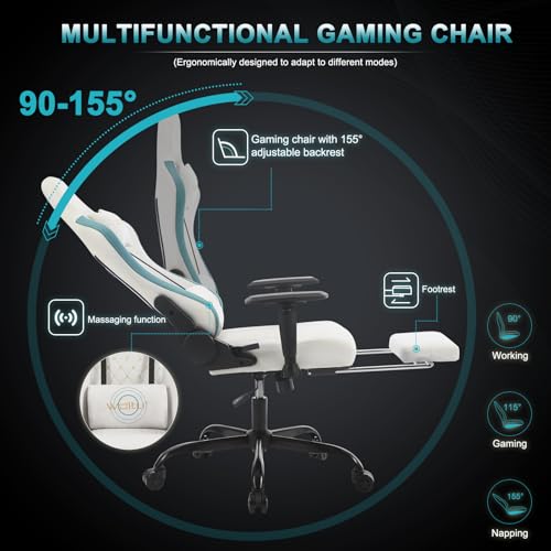 Chaise Gaming WOLTU Massante GS09bws avec Coussin Lombaire et Repose-Pieds