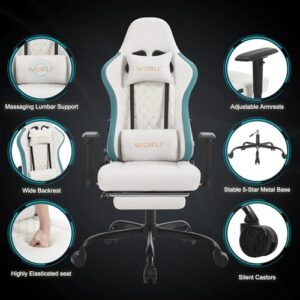 Chaise Gaming WOLTU Massante GS09bws avec Coussin Lombaire et Repose-Pieds