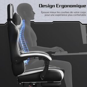 Chaise Gaming Yaheetech Massante Ergonomique Noir Blanc avec Repose-Pieds