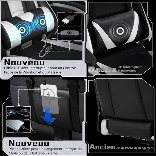 Chaise Gaming Yaheetech Massante Ergonomique Noir Blanc avec Repose-Pieds