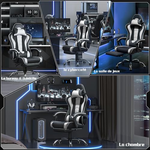 Chaise Gaming Yaheetech Massante Ergonomique Noir Blanc avec Repose-Pieds