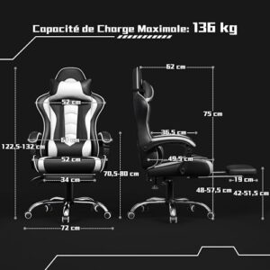 Chaise Gaming Yaheetech Massante Ergonomique Noir Blanc avec Repose-Pieds