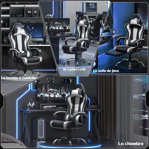 Chaise Gaming Yaheetech Massante Ergonomique Noir Blanc avec Repose-Pieds
