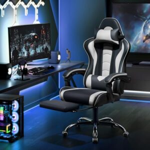 Chaise Gaming Yaheetech Massante Ergonomique Noir Blanc avec Repose-Pieds