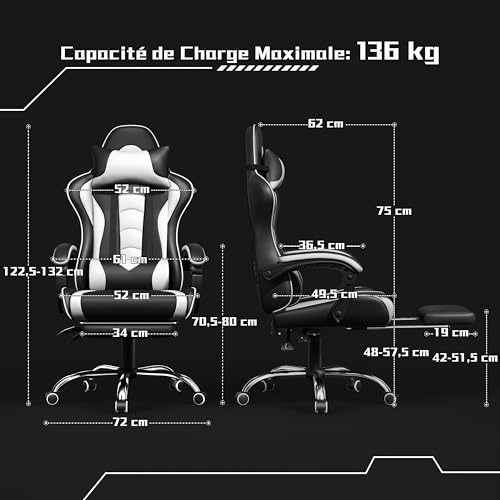Chaise Gaming Yaheetech Massante Ergonomique Noir Blanc avec Repose-Pieds